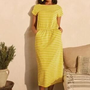 Boden Dress Womens 12L Citron Odile Striped Jersey Midi Pockets Stretch Preppy